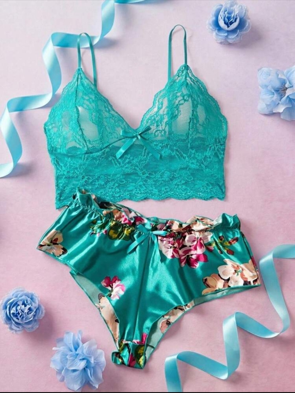 Lace Bralette & Floral Satin Short Sleep Set - Teal